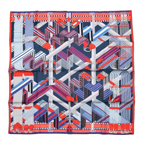 HERMES Silk Sangles En Zigzag Scarf 90 Ardoise Rouge Gris 